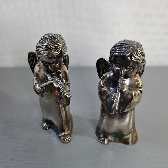 Vintage Angel Figurines Playing Violin & Flute SilverPlated Collectible Set Of 2 - Picture 1 of 5